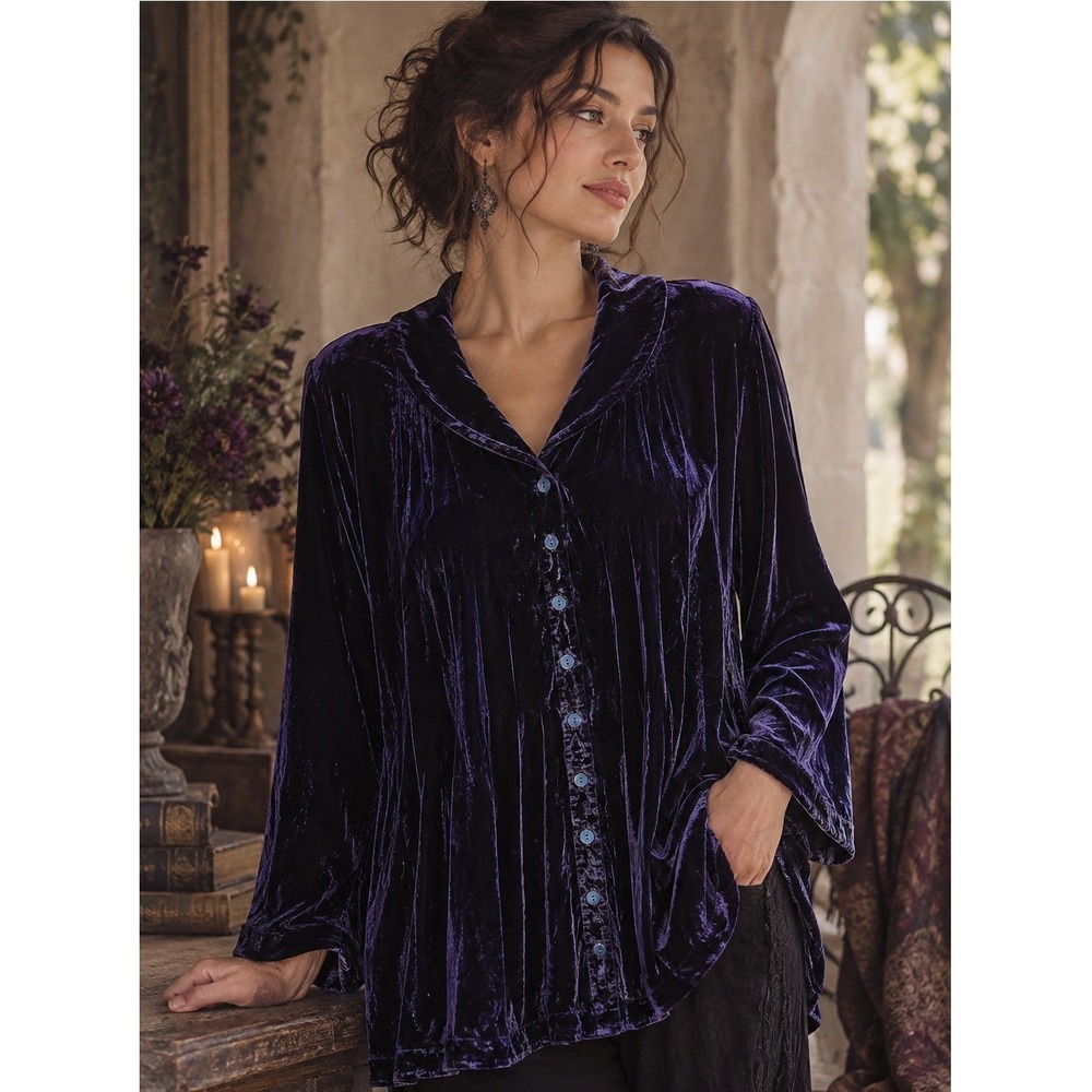 Soft Surroundings Silk Velvet Blouse Women 1X Navy Purple Pintuck Top Whimsigoth